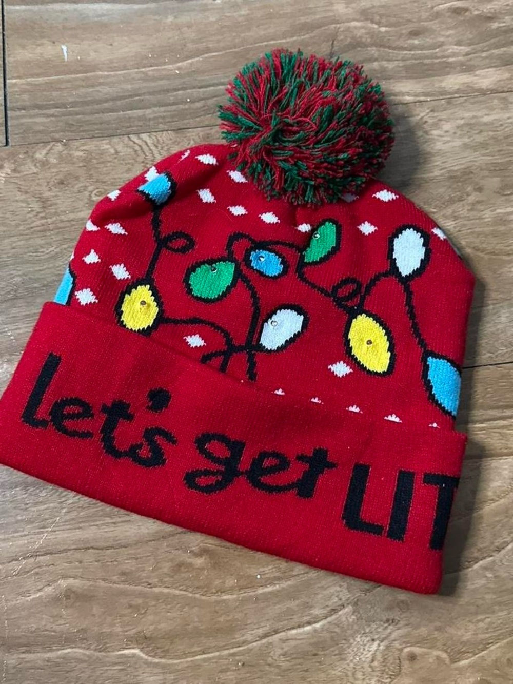 Red Pom Pom Beanie Hat "Let's Get Lit" with Holiday Lights